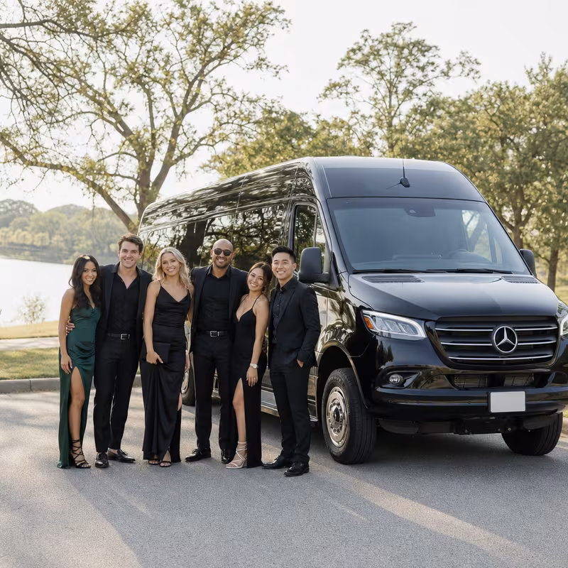 Group beside a Mercedes Sprinter limo from the Garland fleet