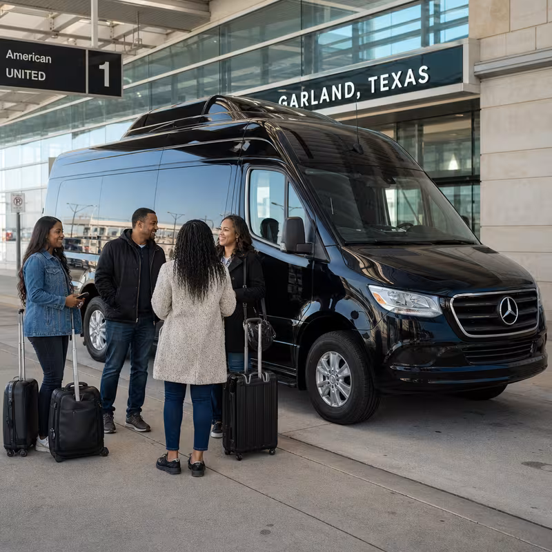 Group boarding a white charter bus for Airport Transportation transportation in Garland