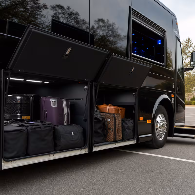 Party bus interior with wraparound leather seating and LED lighting in Garland