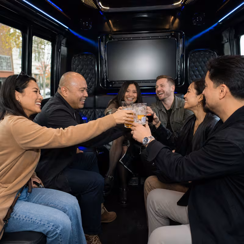 Black Mercedes Sprinter van staged for an Garland Winery & Brewery Tour Transportation group